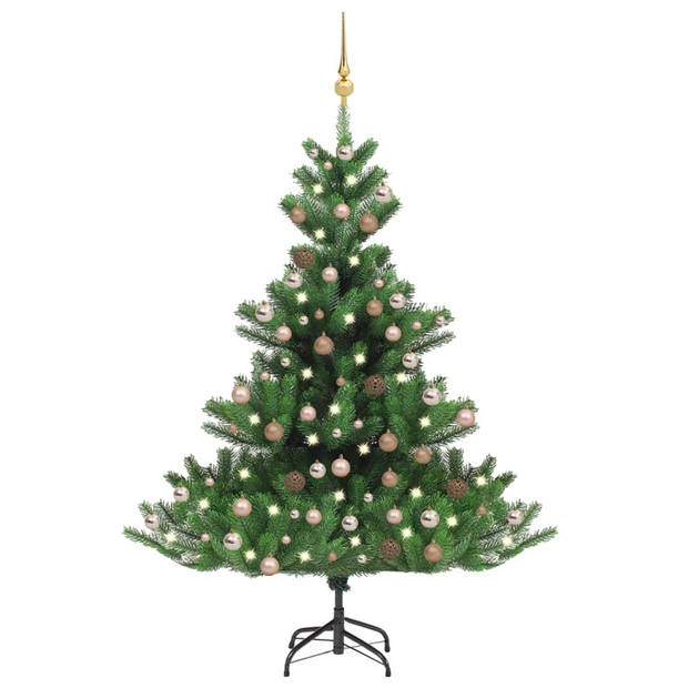 The Living Store Kunstkerstboom - Nordmann - 210 cm - PE - LED-verlichting - Inclusief kerstballen en piek - Groen -