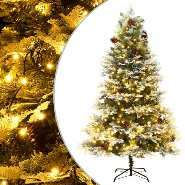 The Living Store Kerstboom - Scharnierende - PVC/PE - 225 cm hoog - Groen/Wit - Met LEDs