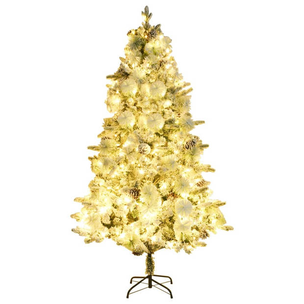 vidaXL Kerstboom met LED en dennenappels en sneeuw 225 cm PVC en PE