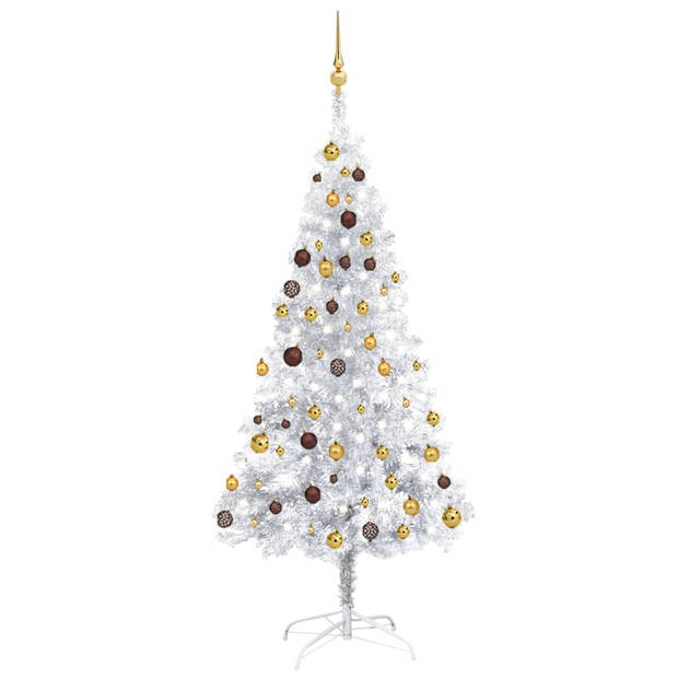 The Living Store Kunstkerstboom - Glanzend Zilver - 180 cm - MET LED-lichtslinger en Kerstballen