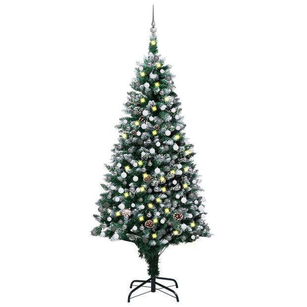 The Living Store Kunstkerstboom - 210 cm - Groen/wit - LED-verlichting - Inclusief versiering