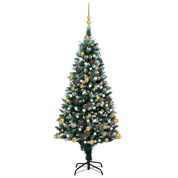 The Living Store Kunstkerstboom - Groen/Wit - 150 cm - LED-verlichting - Inclusief kerstballen en piek