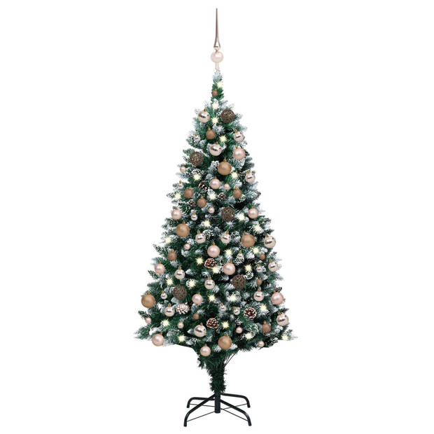 The Living Store Kunstkerstboom - 150 cm - LED-verlichting - Met witte sneeuw - Inclusief dennenappels -