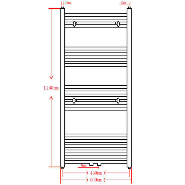 The Living Store Handdoekradiator - Dubbele functie - Grijs - 500 x 1.160 mm - 18 dwarsbalken