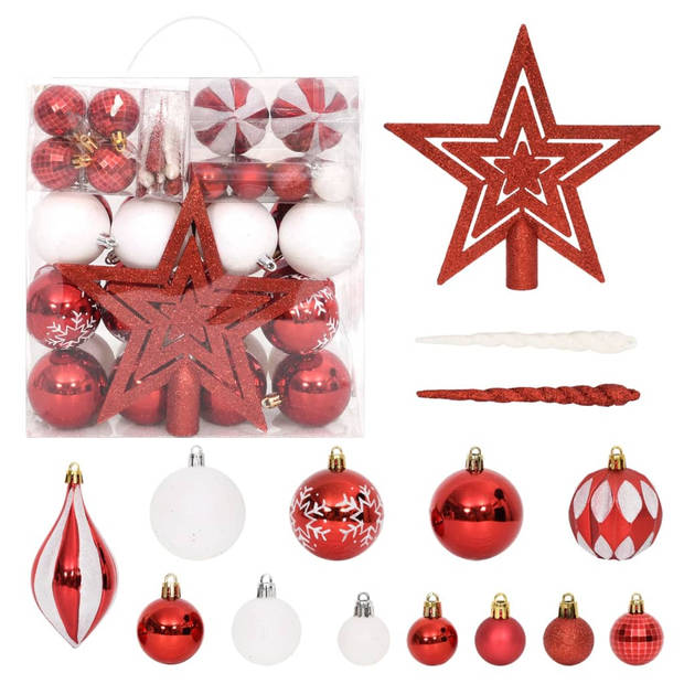 The Living Store Kerstbal Set - Onbreekbaar - Verschillende maten - Lichtgewicht - Rood en wit - Kunststof - Incl -