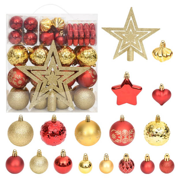 The Living Store Kerstballenset - Onbreekbaar - Verschillende maten - Lichtgewicht - Opbergdoos - Goud en rood -