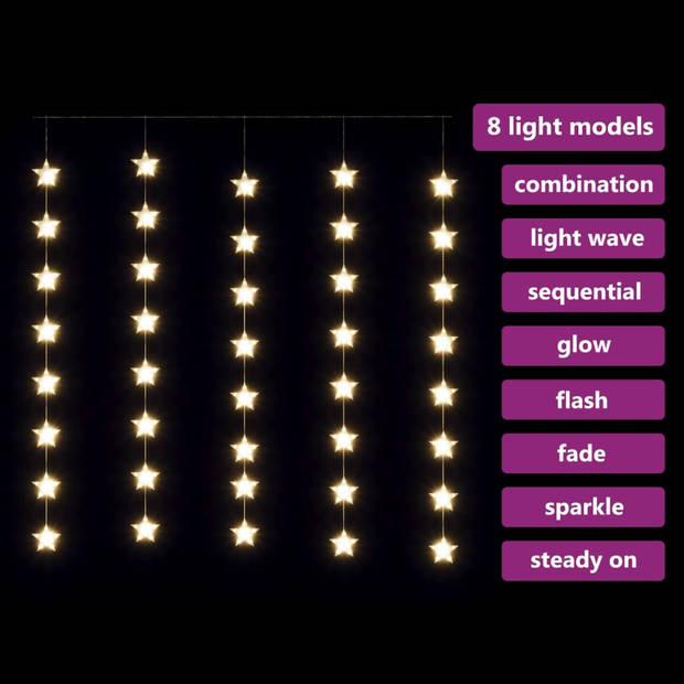 The Living Store LED Lichtgordijn Sterren - 96 x 216 cm - Warmwit - 8 lichteffecten