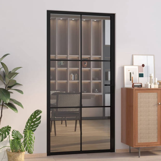 The Living Store Binnendeur - Glazen deur - 102.5 x 201.5 cm - 5mm glas - Zwart - Met verticale decoratieve lijn