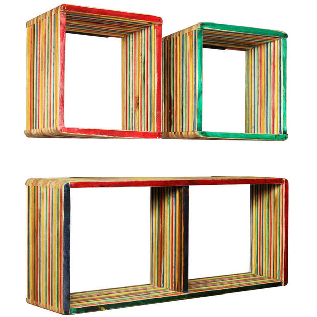 The Living Store Wandplankenset - Gerecycled teakhout - Meerkleurig - 81 x 22 x 41 cm en 31 x 22 x 31 cm - Inclusief 3