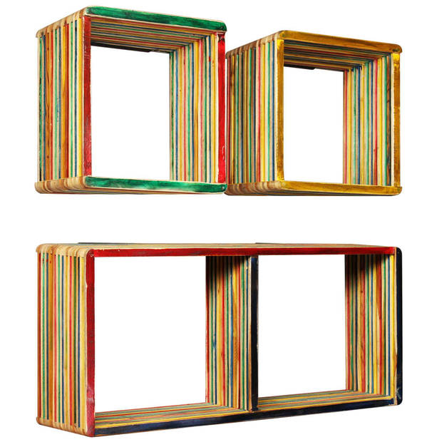 The Living Store Wandplankenset - Gerecycled teakhout - Meerkleurig - 81 x 22 x 41 cm en 31 x 22 x 31 cm - Inclusief 3