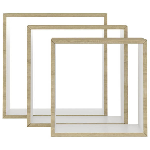 The Living Store Kubusvormige Wandschappen - Set van 3 - Wit en Sonoma Eiken - MDF - 30x10x30 cm / 27x10x27 cm /
