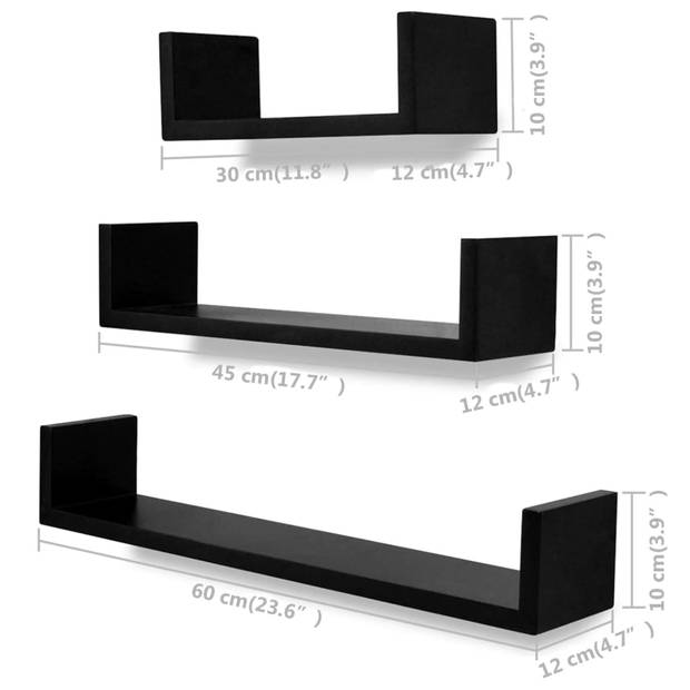 The Living Store Wandplanken - Set van 6 - Onzichtbaar montagesysteem - MDF - Mat zwart - Afm - 60x12x10cm -