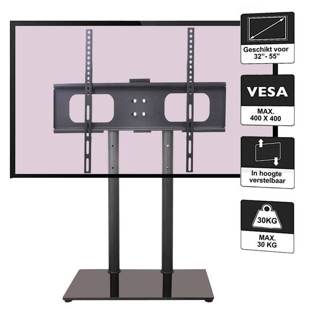 The Living Store TV-beugel Zwart Gehard Glas 43x24 cm - Draagvermogen 45 kg - Geschikt voor 23" - 55" (58 - 140 cm)