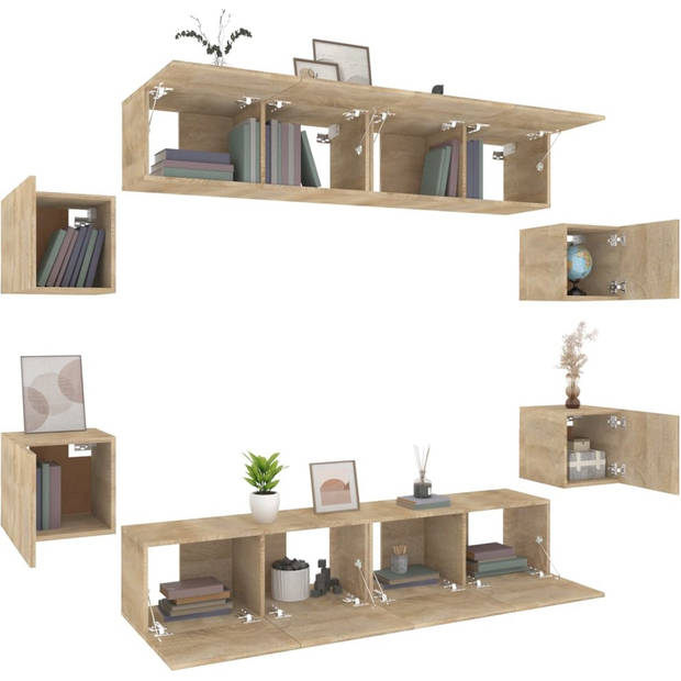 The Living Store Klassieke televisiekastenset - Sonoma eiken - Wandgemonteerd - 4 x 80x30x30cm + 4 x 30.5x30x30cm