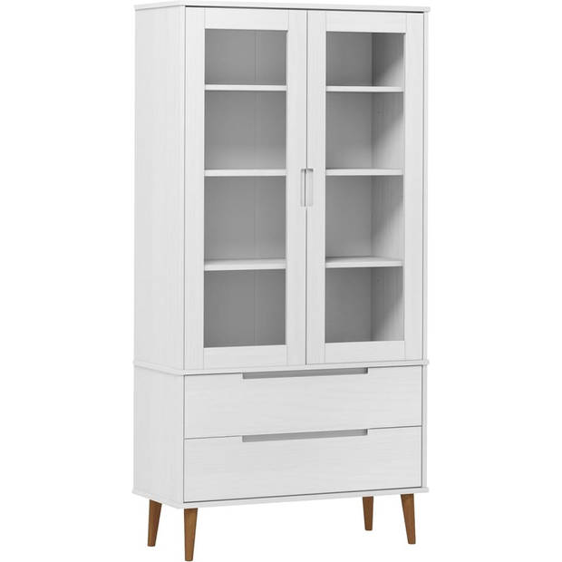 The Living Store MOLDE Vitrinekast - 90 x 35 x 175 cm - Wit - Massief grenenhout met uv-vernis