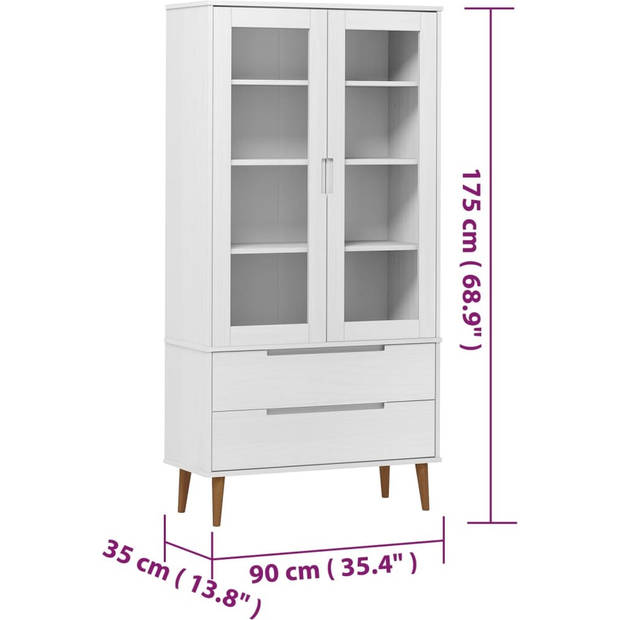 The Living Store MOLDE Vitrinekast - 90 x 35 x 175 cm - Wit - Massief grenenhout met uv-vernis