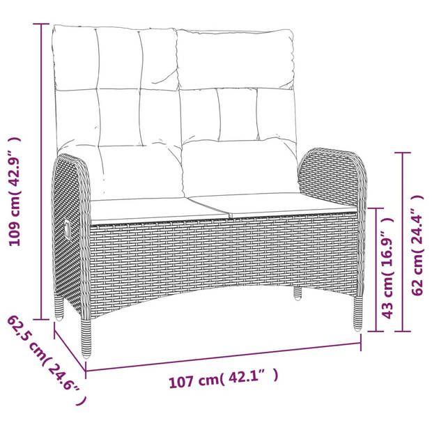 vidaXL Tuinbank verstelbaar met kussens 107 cm poly rattan zwart