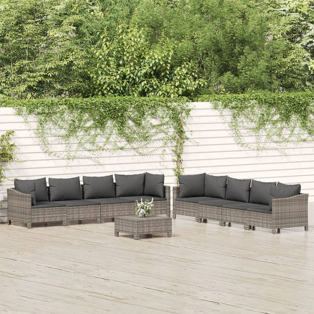 vidaXL 9-delige Loungeset met kussens poly rattan grijs