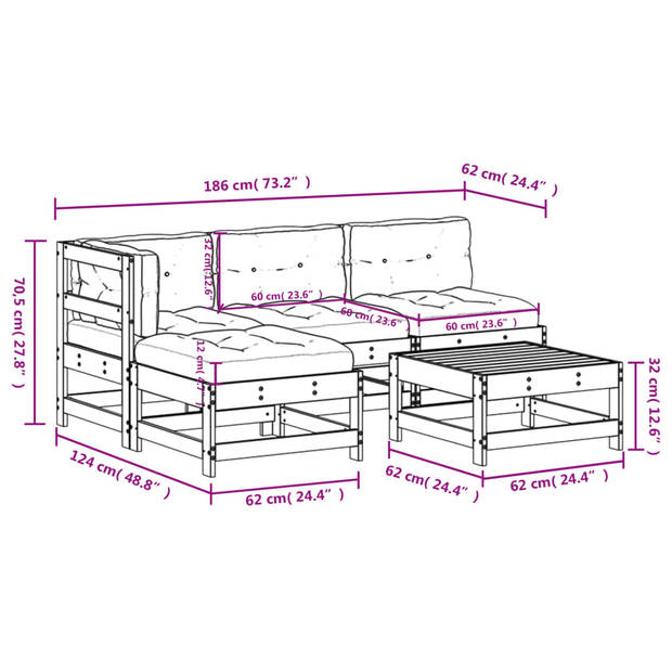 The Living Store Loungeset - Massief douglashout - Modulair ontwerp - Grijs kussen - 110 kg draagvermogen
