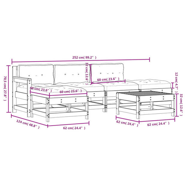 The Living Store Loungeset Grenenhout - Honingbruin - 2x middenbank - 1x tuinstoel - 3x voetensteun - 62x62x70.5cm -