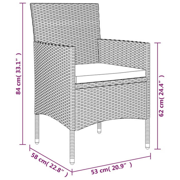 The Living Store Tuinset - PE-rattan - Gehard glas - Zwart - 160x80x74 cm - Comfortabele kussens