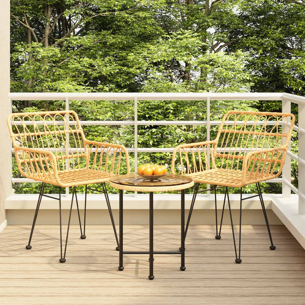 The Living Store Tuinset - PE-rattan - Staal - Gehard glas - 2 stoelen - 1 tafel