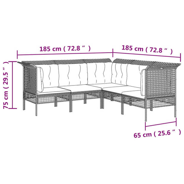 The Living Store Tuinmeubelen - Loungeset - Grijs - PE-rattan - Gepoedercoat staal - 65x65x75cm
