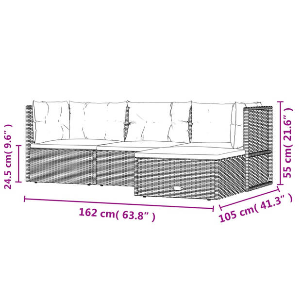 vidaXL 4-delige Loungeset met kussens poly rattan zwart