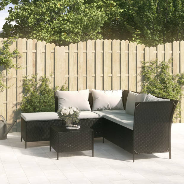 vidaXL 4-delige Loungeset met kussens poly rattan zwart