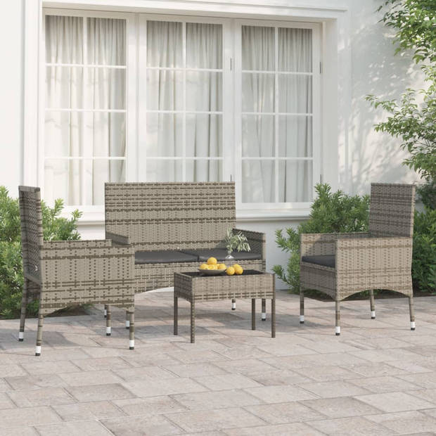 vidaXL 4-delige Loungeset met kussens poly rattan grijs