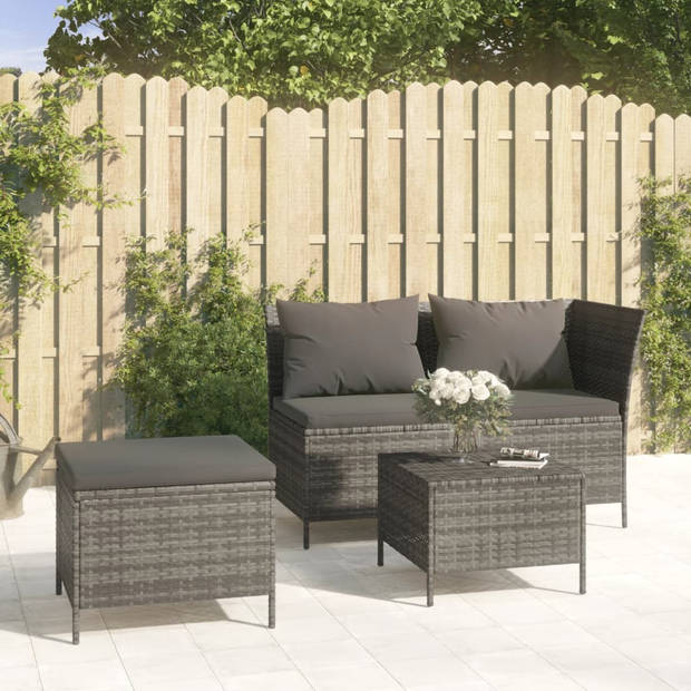 vidaXL 3-delige Loungeset met kussens poly rattan grijs