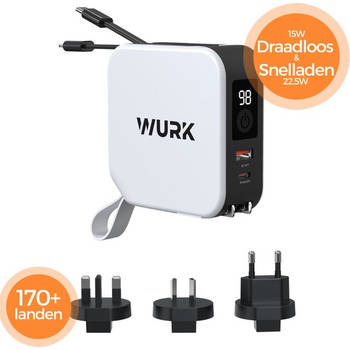 Wurk - 5-in-1 PowerPack - Powerbank - Draadloze Oplader - Wereldstekker - Ingebouwde USB-C & Lightning Kabel