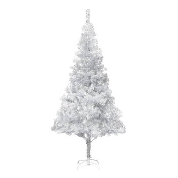 The Living Store Kunstkerstboom - Glanzend zilver - 210 cm hoog - Met LED-verlichting - Inclusief kerstballen en piek