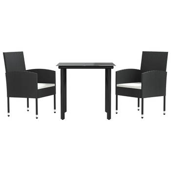The Living Store Tuinmeubelen - Tuinset zwart - 2x stoel + tafel - PE-rattan en staal - 56x52x88 cm - Gehard glas