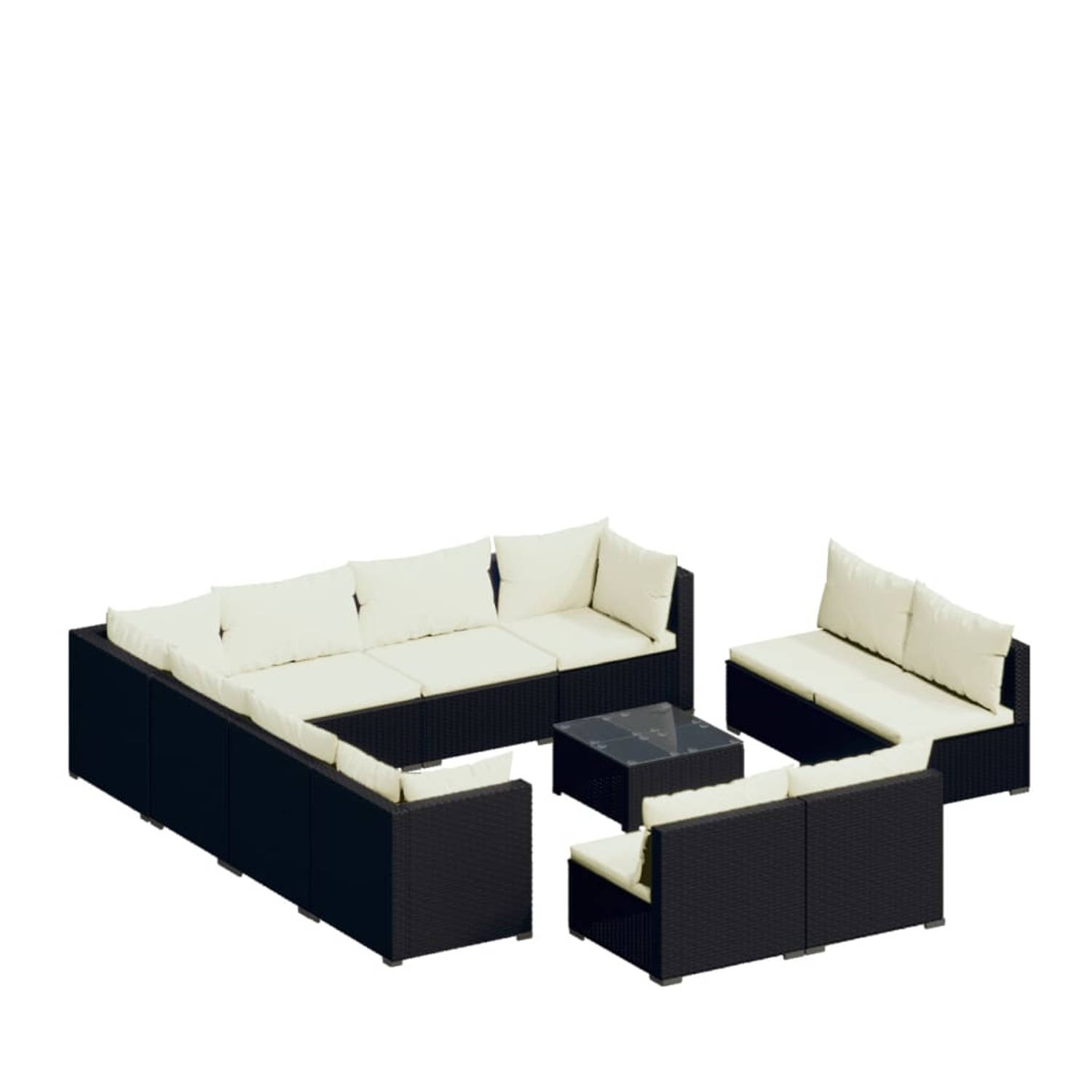 The Living Store Loungeset - Poly rattan - 12-delig - Zwart - PE-rattan - Gepoedercoat staal - Waterbestendig - Comfortabel - Flexibele indeling