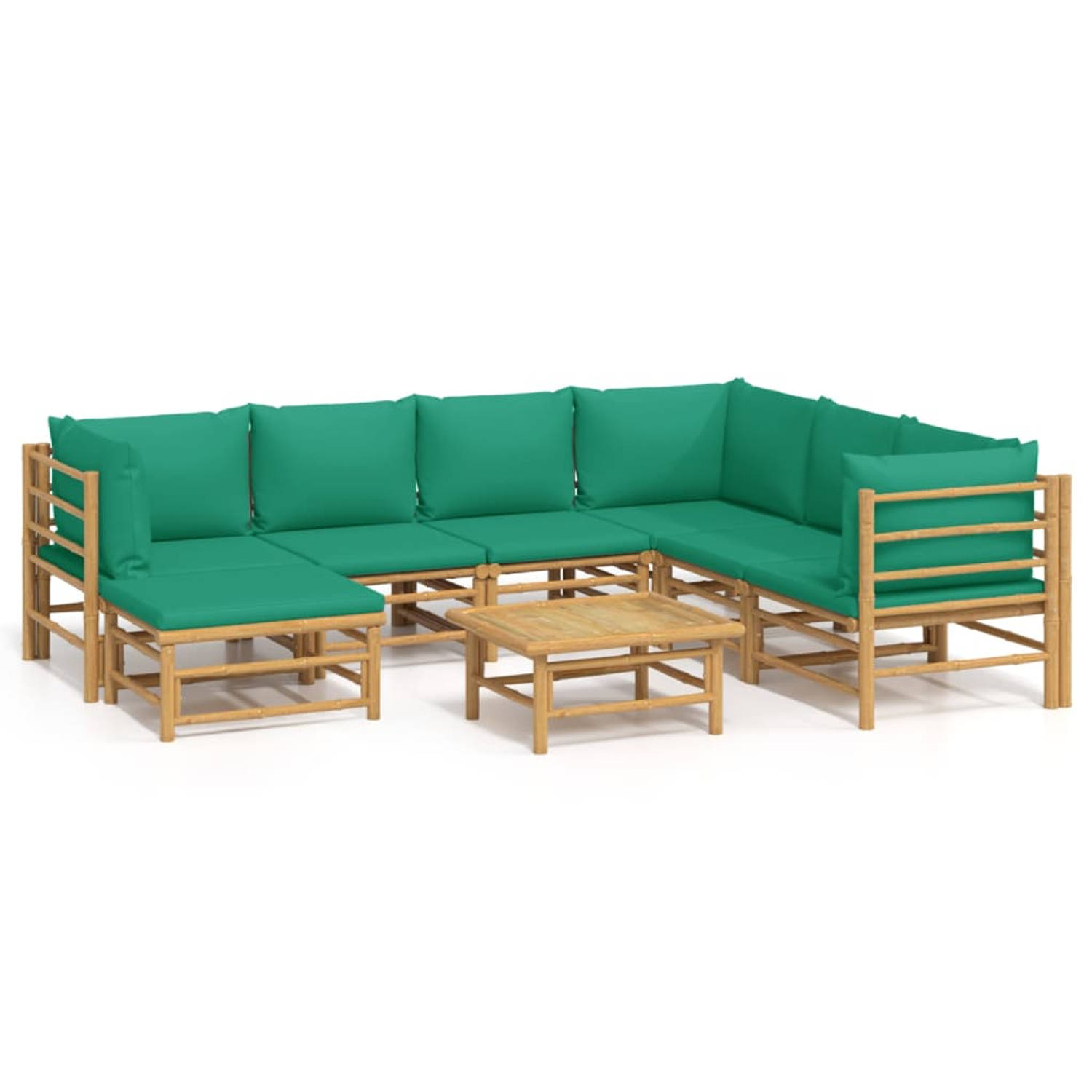 The Living Store Bamboe Loungeset - Modulair - Groen Kussen - 55x65 cm - 69x69 cm - 55x65 cm - 150x30 cm - 55x65 cm - 7 zitkussens - 9 rugkussens