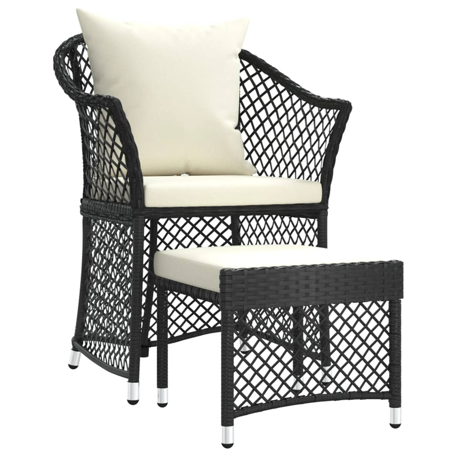 The Living Store Loungeset - PE-rattan - Zwart - Stoel - Voetenbank - Rugkussen - Zitkussen - 65x54x84cm - Draagvermogen 110kg