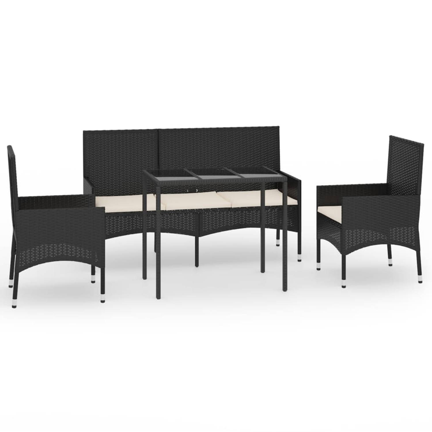 The Living Store Loungeset - Poly Rattan - Zwart - 90 x 50 x 67 cm (tafel) - 45 x 51 x 85 cm (stoel) - 140 x 51 x 85 cm (bank) - 3 cm dik kussen