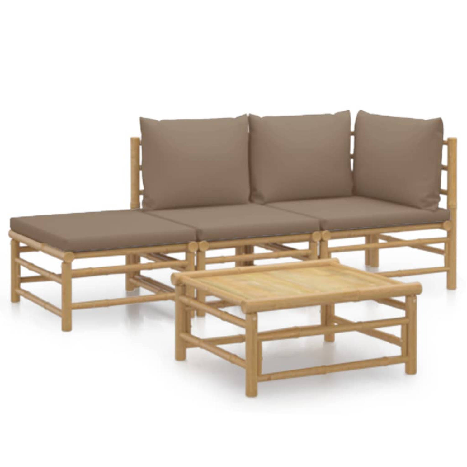 The Living Store Bamboe Tuinset - Loungebank Hoek + Middenbank + Voetenbank + Tafel - Taupe Kussens - 150x150cm