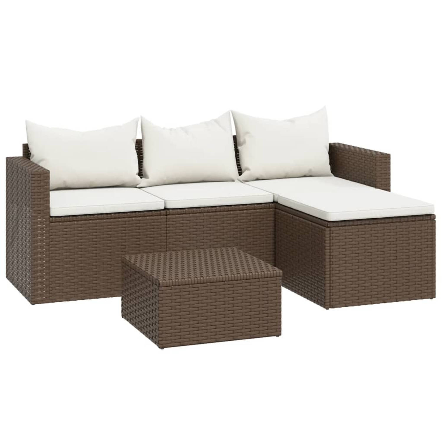 The Living Store Loungeset - bruin - PE-rattan - gepoedercoat staal - Tafel- 48 x 48 x 24 cm - 3-zitsbank- 176 x 64 x 60.5 cm - voetensteun- 53.5 x 53.5 x 36 cm