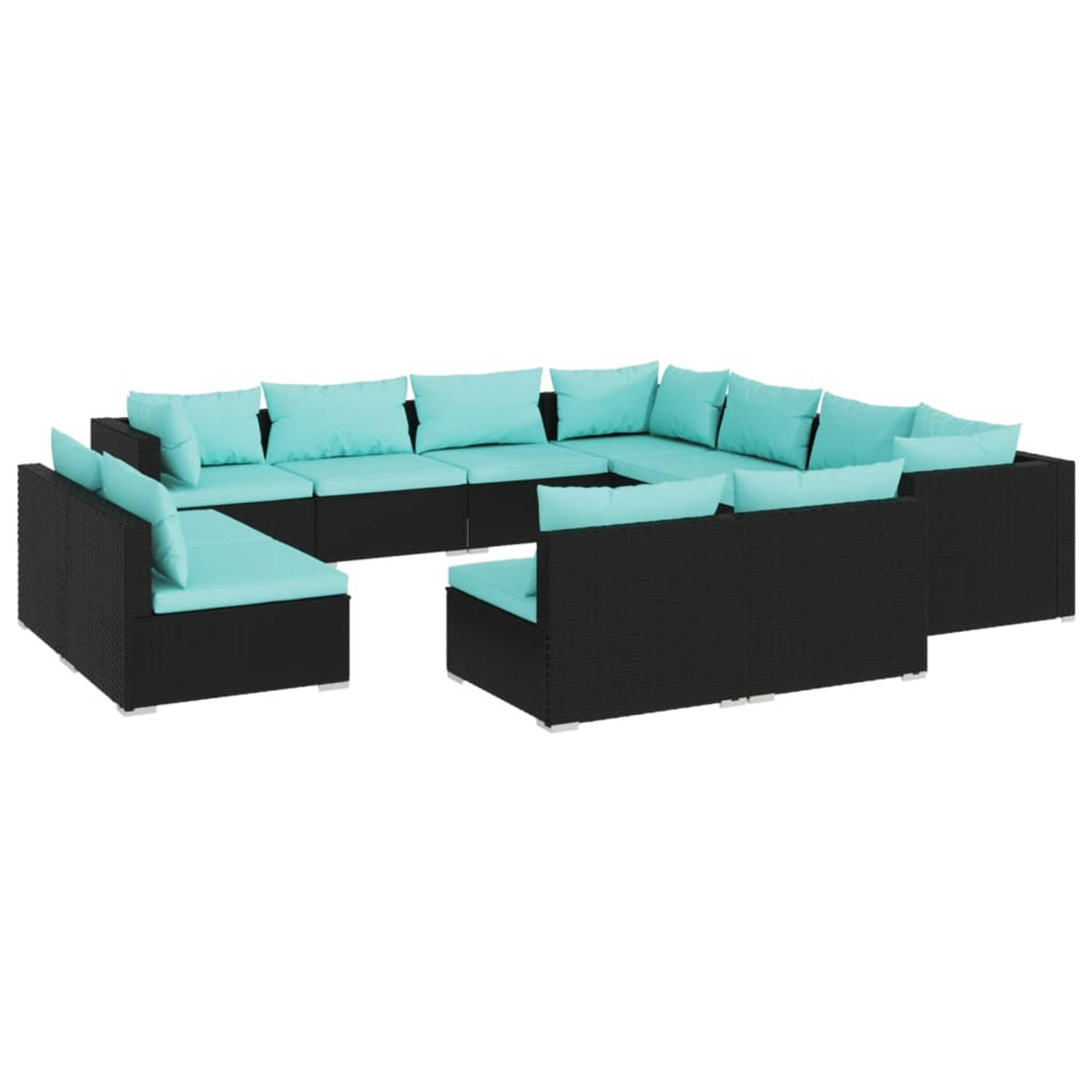 The Living Store Loungeset Poly Rattan - 11-delig - Zwart - Waterblauwe kussens