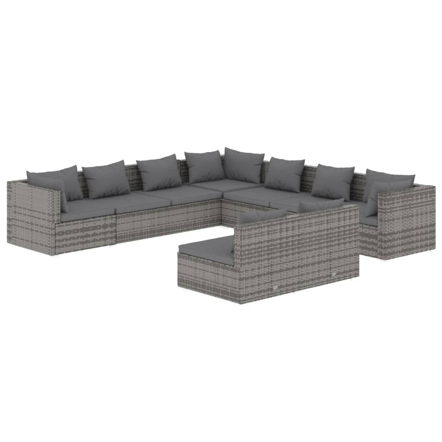 The Living Store 9-delige Loungeset met kussens poly rattan grijs - Tuinset