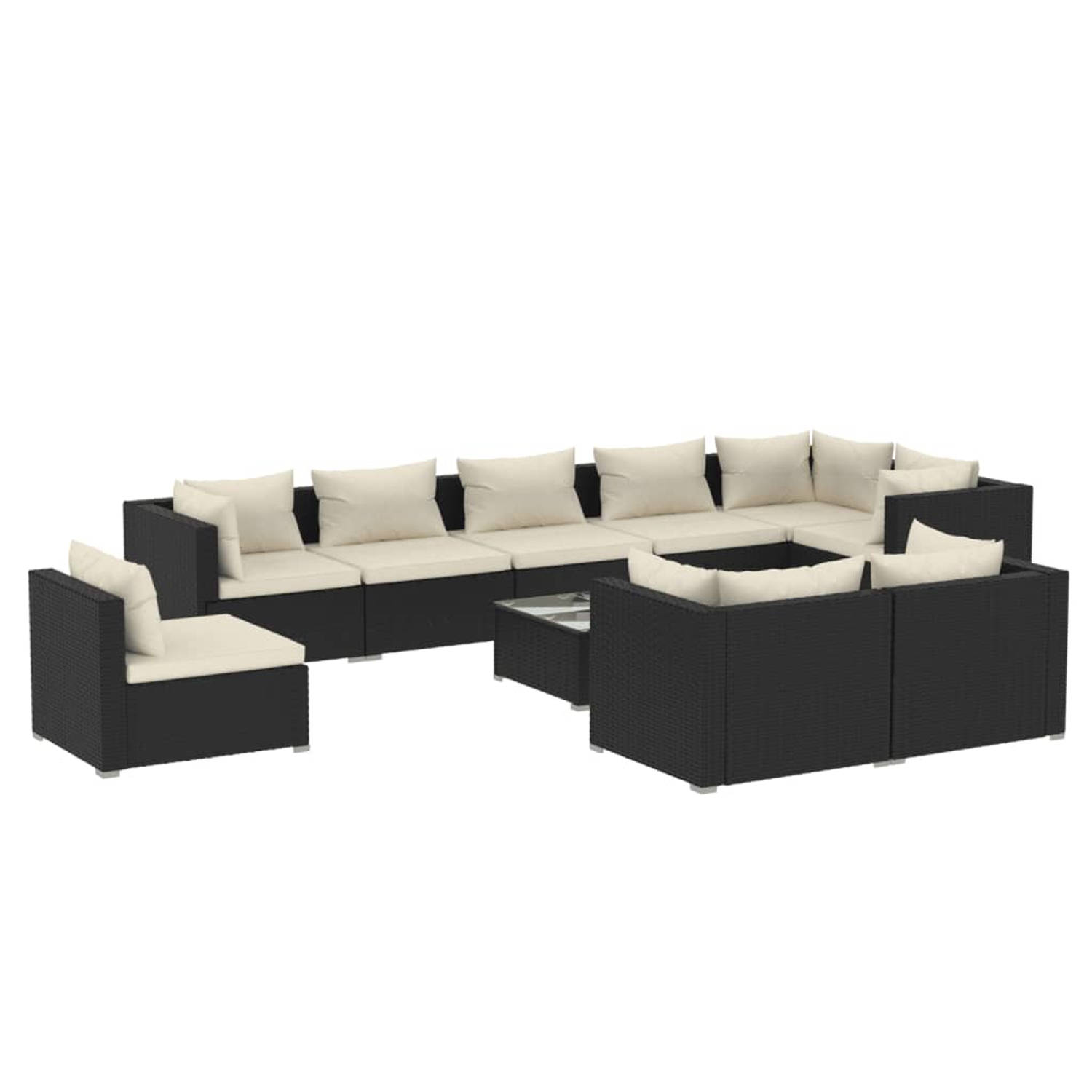 The Living Store Loungeset Poly Rattan - Zwart - Modulair Design - Waterbestendig - Comfortabele Kussens