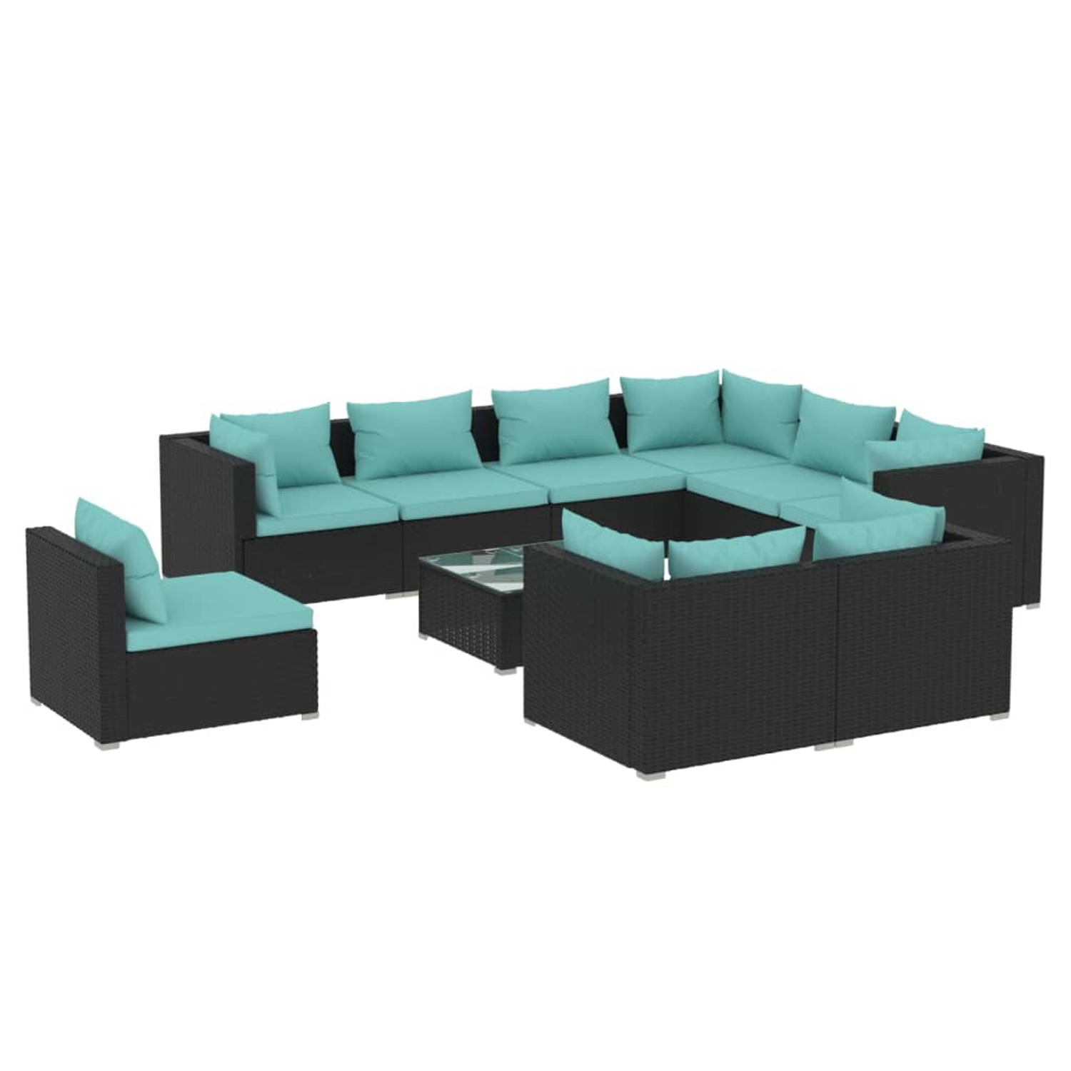 The Living Store 10-delige Loungeset met kussens poly rattan zwart - Tuinset