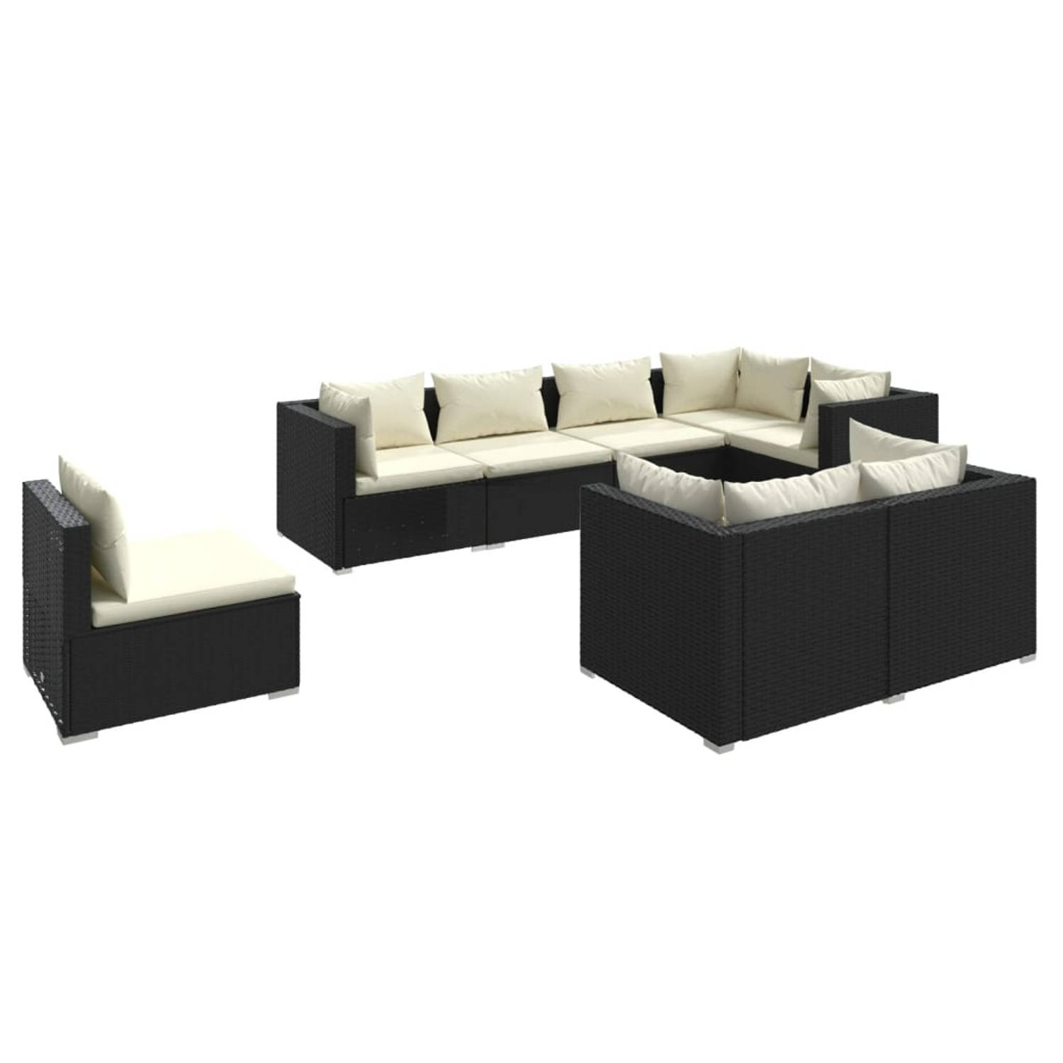 The Living Store - Loungeset - Poly rattan - 5 hoekbanken - 3 middenbanken - Zwart - 70 x 70 x 60.5 cm - Waterbestendig - Comfortabele kussens