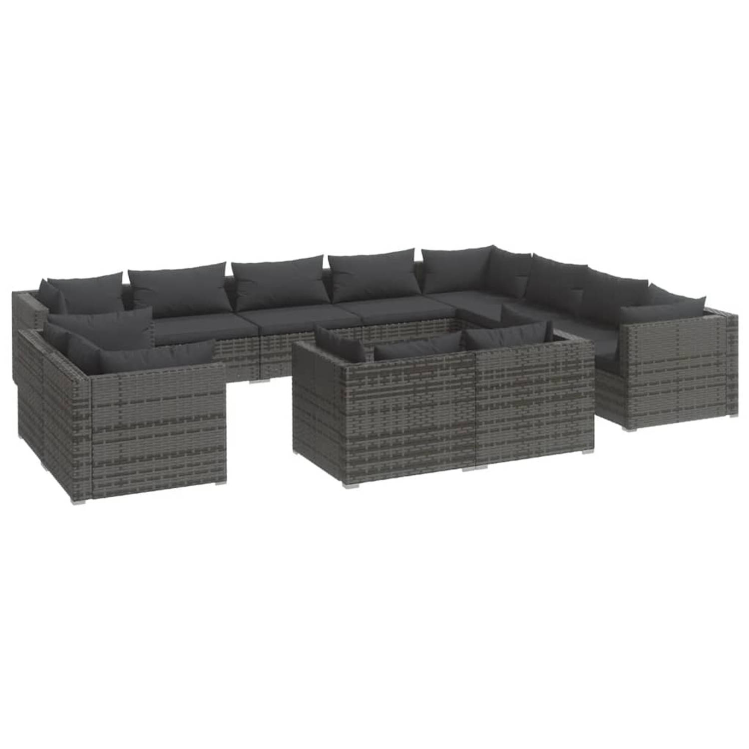 The Living Store Loungeset - Poly Rattan - Grijs - 12-delig