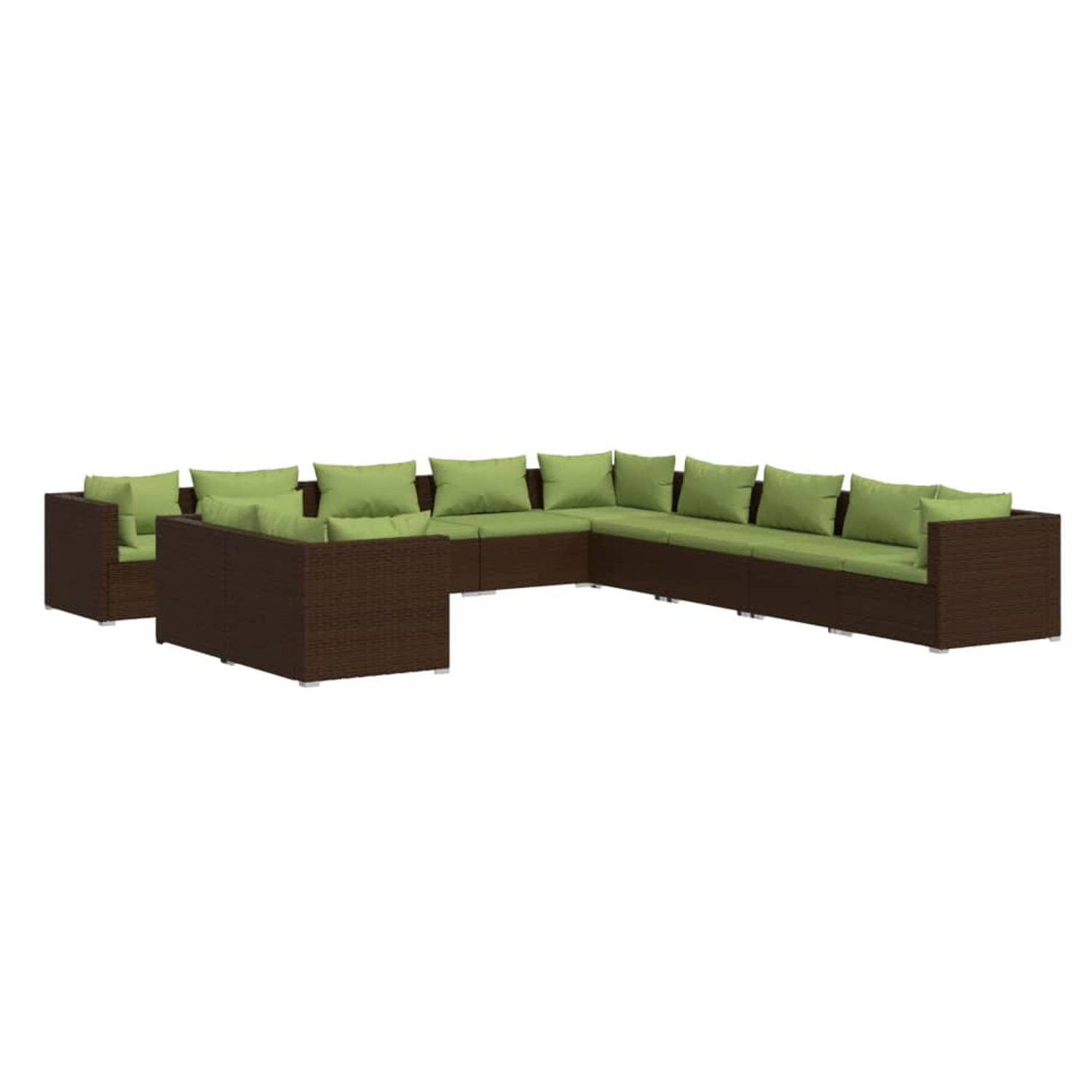 The Living Store Loungeset - Poly rattan - Bruin - Hoekbank- 70 x 70 x 60.5 cm - Kussens- groen - Modulair design