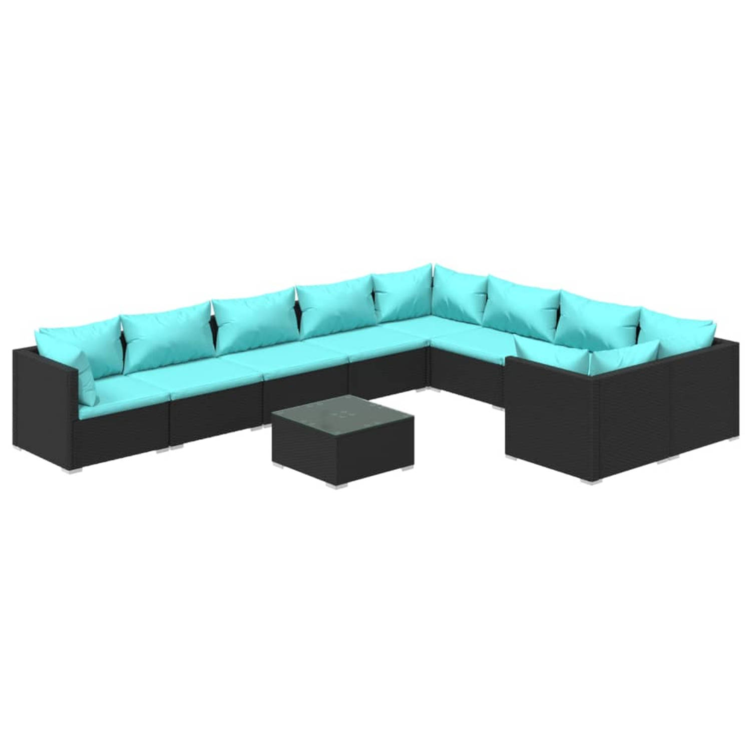 The Living Store Loungeset - poly rattan - zwart - 70x70x60.5 cm - inclusief kussens