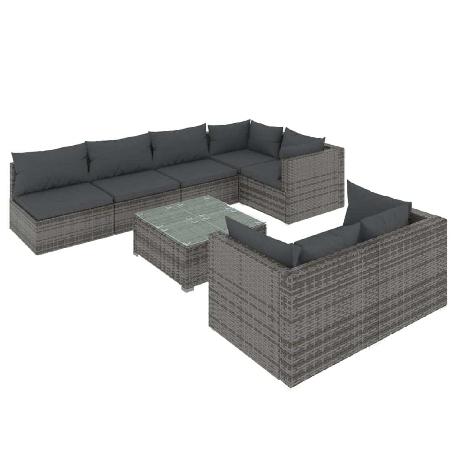 The Living Store Loungeset - poly rattan - grijs - modulair design - waterbestendig - comfortabele kussens