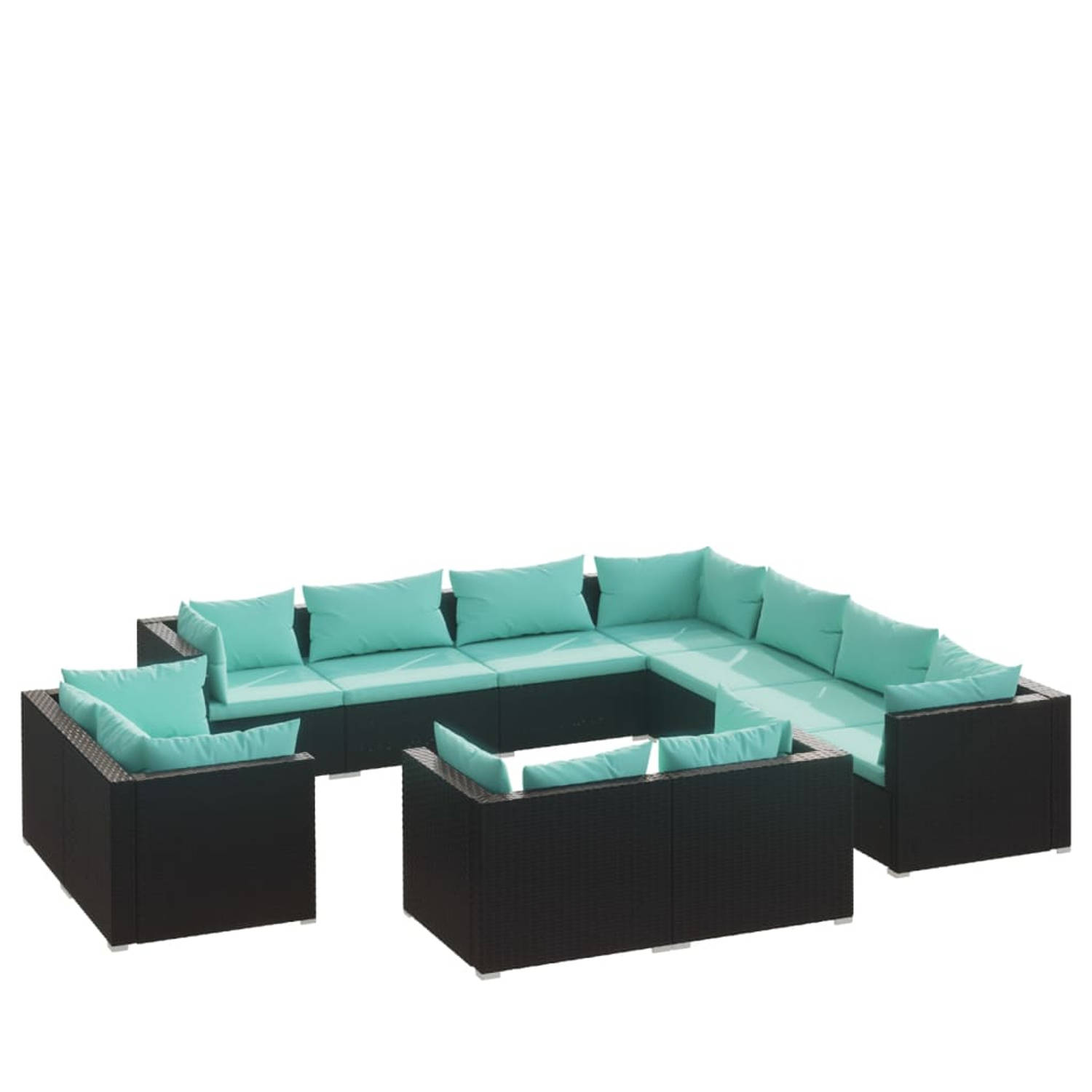 The Living Store 11-delige Loungeset met kussens poly rattan zwart - Tuinset